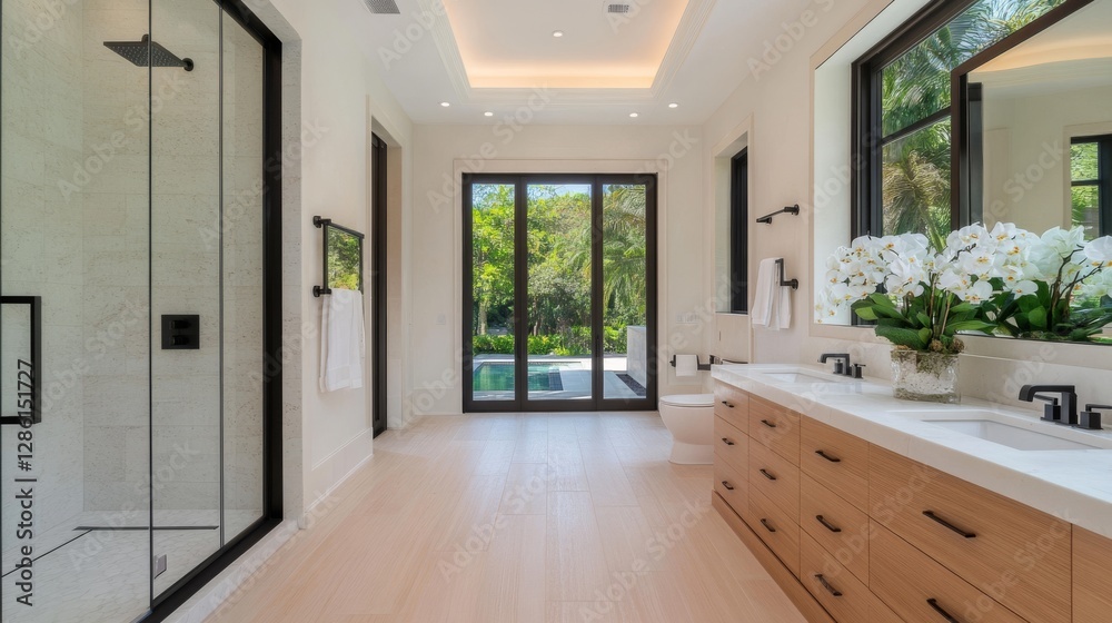 Fototapeta premium Modern bathroom, Florida home, pool view, spacious