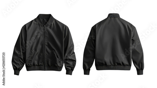 Stylish black bomber jacket design displaying a sleek front and back view for contemporary fashion enthusiasts