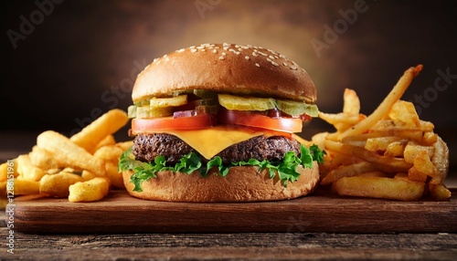 delicious burger and fries display