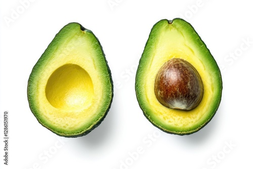 Two halved avocados, top view, white background, healthy food