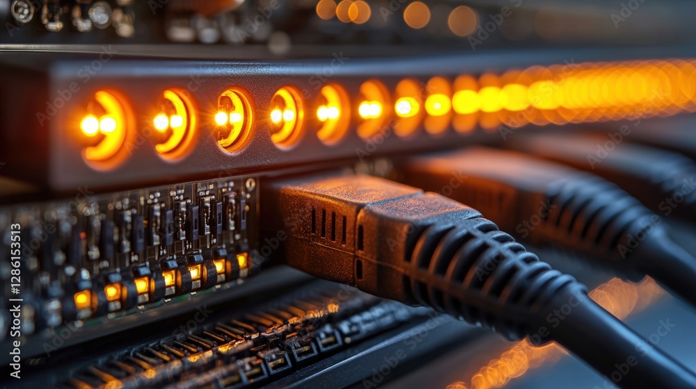 A computer with numerous lights indicating activity and status displaying the complexity of digital technology A computer with numerous lights indicating activity and status displaying the complexity of digital technology