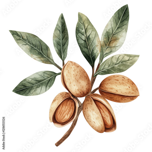 Branch with almonds and leaves in artistic botanical illustration