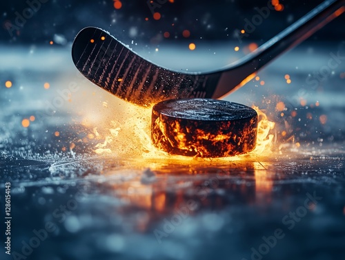 The hockey puck and stick are on fire, on the ice. The team is unstoppable, on fire, concept. photo