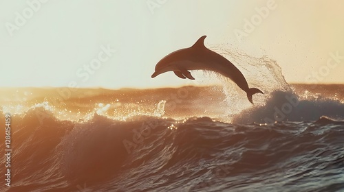 Graceful Bottlenose Dolphin Leaping Above Crashing Ocean Waves in Warm Sunset Light