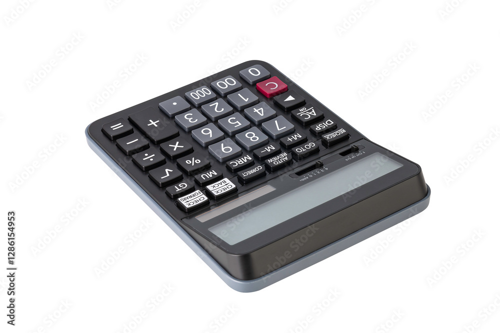Closeup of single black digital calculator isolated on white background with clipping path. Closeup of single black digital calculator isolated on white background with clipping path.
