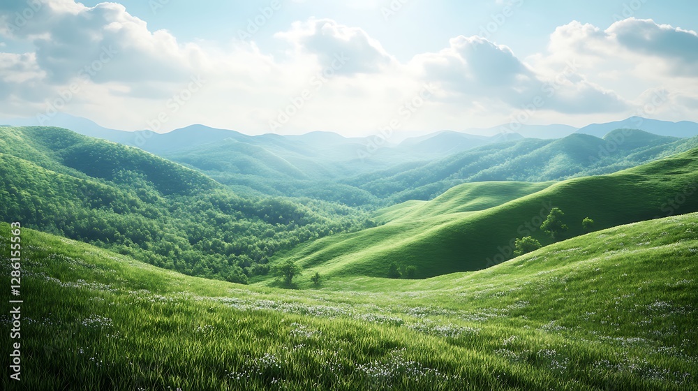 Fototapeta premium Green hills and blue sky on beautiful sunny day high resolution picture