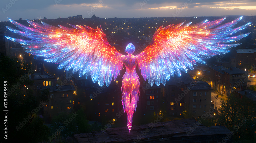 Fototapeta premium Celestial Ascent: A spectral figure, adorned with vibrant, radiant wings, hovers above a city, evoking a sense of ethereal beauty and otherworldly wonder.