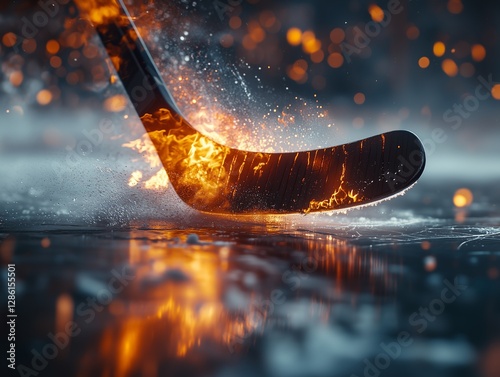 The hockey stick on fire, on the ice. The team is unstoppable, on fire, concept. photo