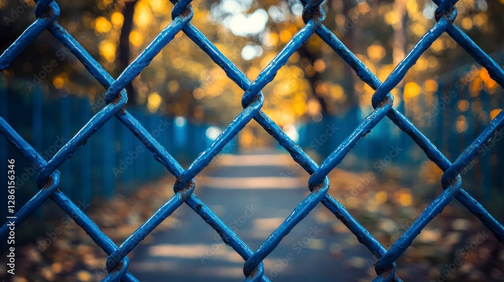 Detailed View of Blue Chain-Link Fence Surrounded by Autumn Landscape and Pathway Under Soft Natural Light Detailed View of Blue Chain-Link Fence Surrounded by Autumn Landscape and Pathway Under Soft Natural Light