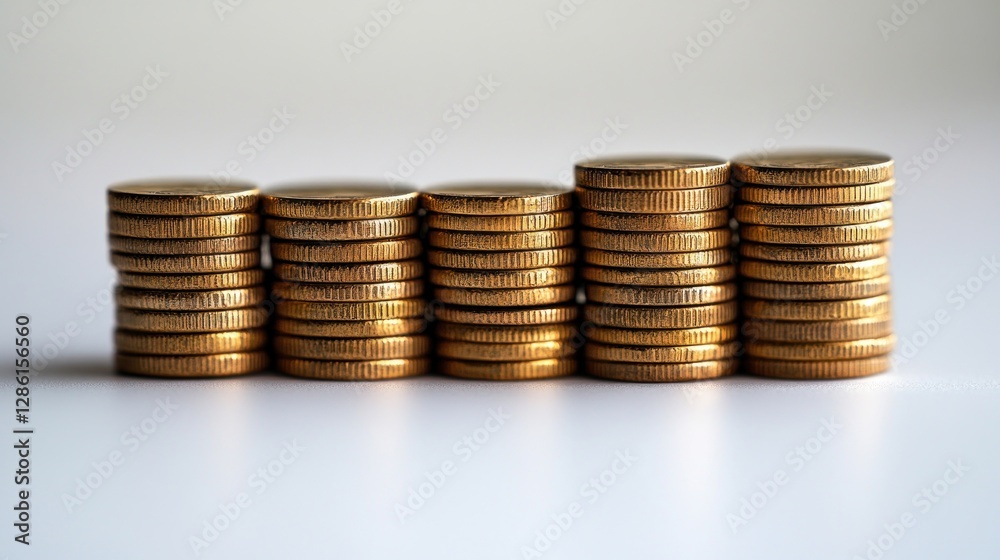 Gold coins stacked in ascending order on a white surface Gold coins stacked in ascending order on a white surface
