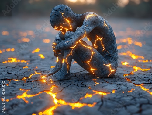 Emaciated Figure Sits on Glowing Cracked Earth Poignant Reflection of Famine and Hardship