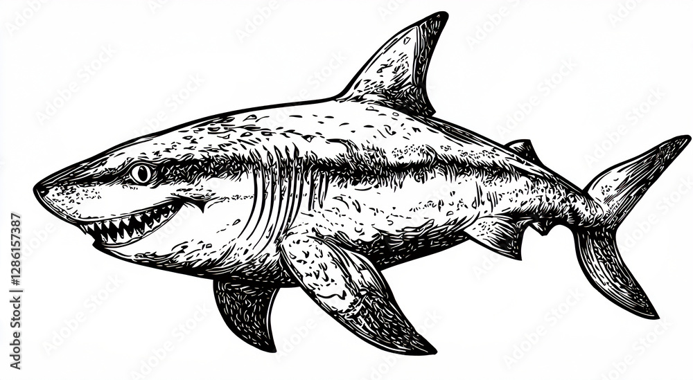 Fototapeta premium Exquisite Cartoon Shark Sketch: Monochrome Marine Art for Ocean Prints, Nautical Decor, and Projects with Transparent Background