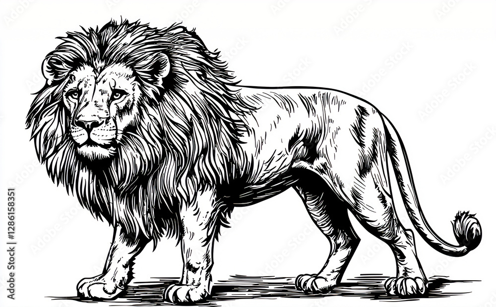 Obraz premium Regal Isolated Lion Sketch: High-Quality Monochrome Artwork with White Background for Wildlife Art and Decor