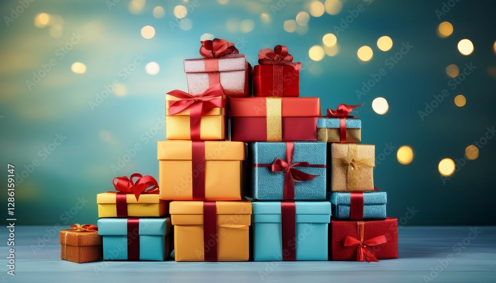 a stack of colorful presents with red bows on top a stack of colorful presents with red bows on top