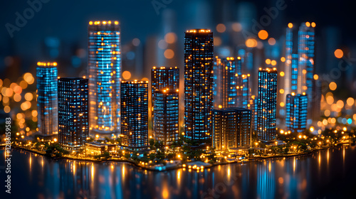 Nighttime Metropolis: A captivating cityscape, with skyscrapers illuminated against the dark, reflecting on the water, showcasing the dynamic urban energy.