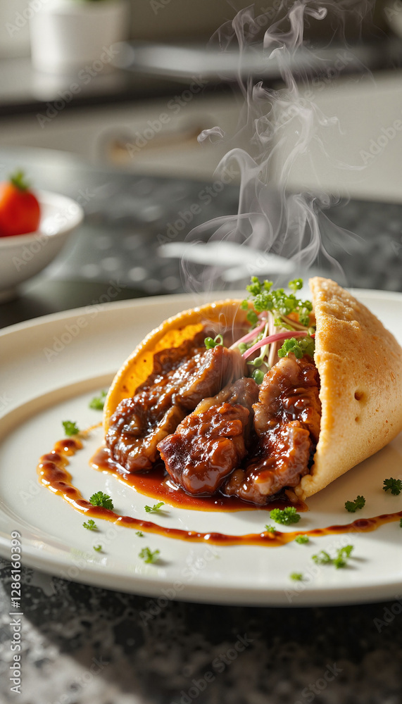 Steaming lamb gyro with elegant sauce on a white plate, gourmet cuisine Steaming lamb gyro with elegant sauce on a white plate, gourmet cuisine