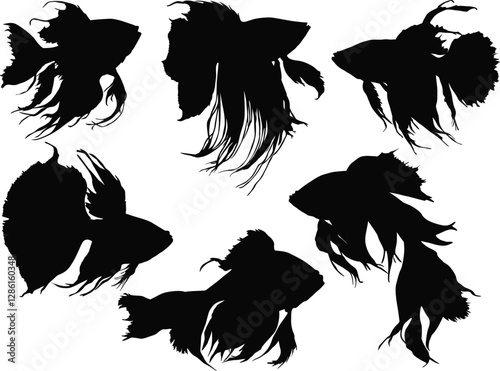 group of six black fish sketches isolated on white