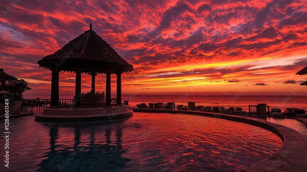 Dramatic Sunset Reflection in Pool with Gazebo by Ocean Resort Dramatic Sunset Reflection in Pool with Gazebo by Ocean Resort