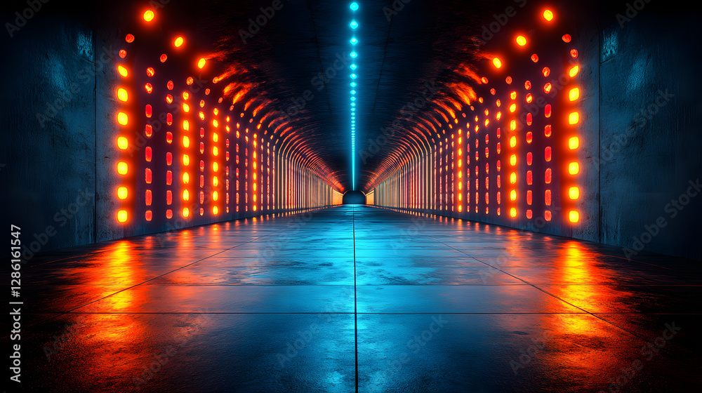 Futuristic Tunnel: A mesmerizing perspective showcases a tunnel illuminated with vibrant orange and blue lights. Futuristic Tunnel: A mesmerizing perspective showcases a tunnel illuminated with vibrant orange and blue lights.