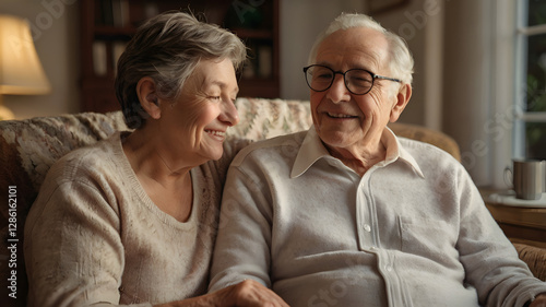 Senior couple reading a book together at home, smiling and enjoying their retirement photo