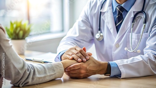 Doctor comforting patient with a supportive hand gesture.