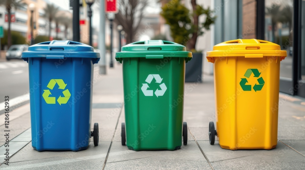Colorful recycling bins stand in a row symbolizing environmental conservation and waste management efforts. Colorful recycling bins stand in a row symbolizing environmental conservation and waste management efforts.