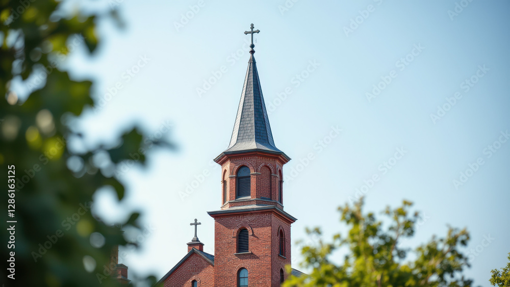 Fototapeta premium A majestic red brick church with a tall spire against a clear sky.