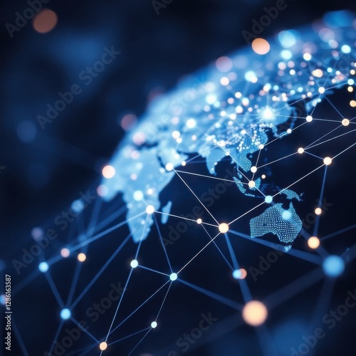 Global Network Connecting World Continents with Data Points and Lines