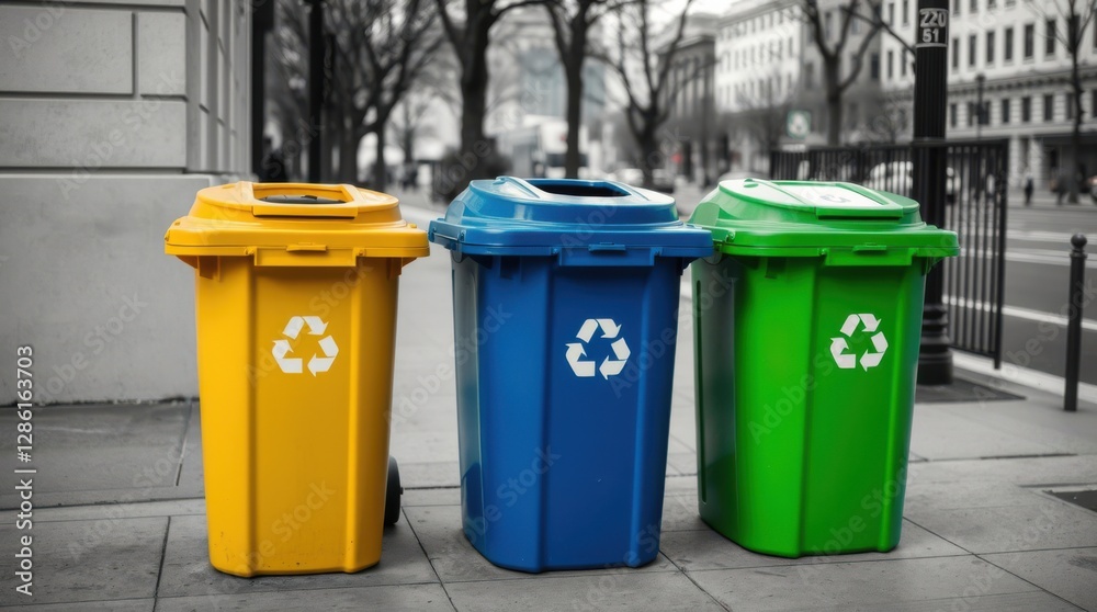 Recycling bins of different colors stand on the sidewalk. Environmentally conscious waste management. Recycling bins of different colors stand on the sidewalk. Environmentally conscious waste management.
