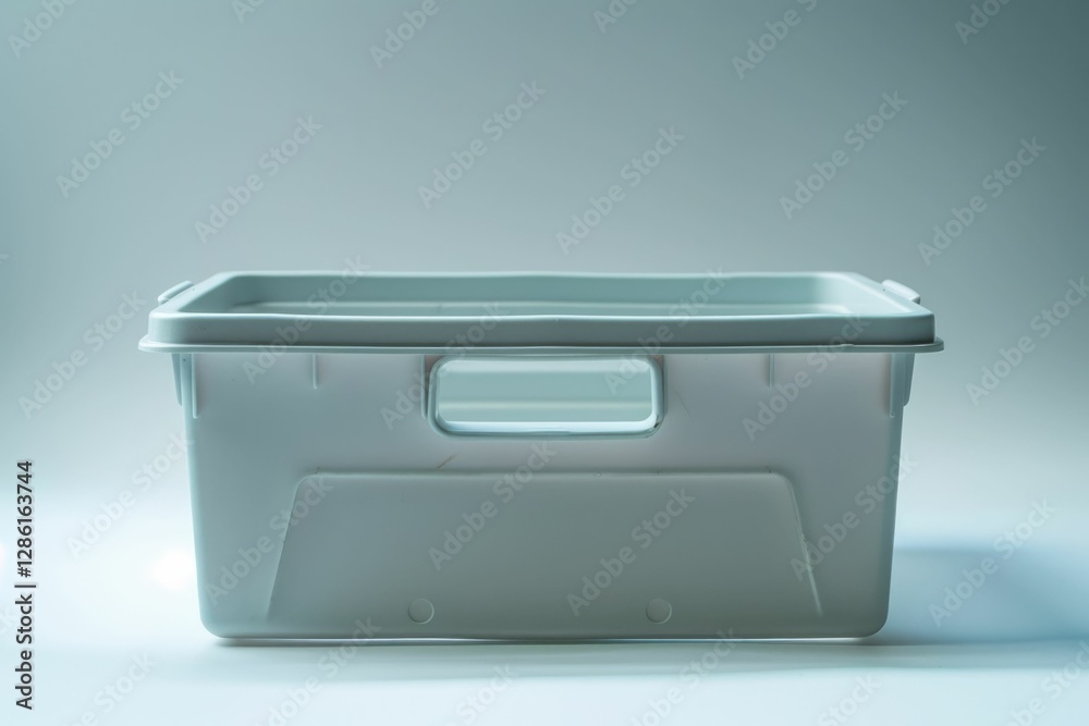 A plain white plastic storage container with a handle, ideal for organizing and storing items. A plain white plastic storage container with a handle, ideal for organizing and storing items.