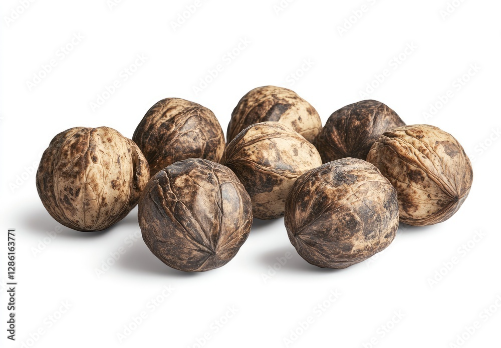 Whole walnuts, clustered, on white background, food photography Whole walnuts, clustered, on white background, food photography