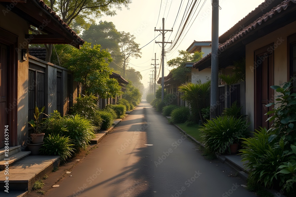 A deserted Balinese street lined with traditional houses, completely silent under the soft morning light. A deserted Balinese street lined with traditional houses, completely silent under the soft morning light.