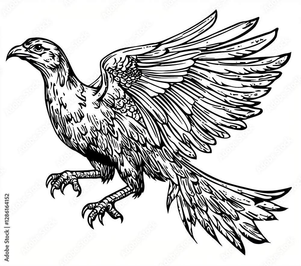 Obraz premium Majestic Monochrome Cartoon Phoenix Illustration, High-Detail Sketch, No Background, Perfect for Mythical Themes, フェニックスのイラスト, モノクロ, 手描き, 神話の生物