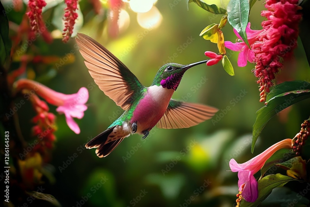 Naklejka premium Hummingbird in Flight Vibrant Green, Pink, Floral Composition, Nature Photography, Sunlit Scene Hummingbird, Floral Photography