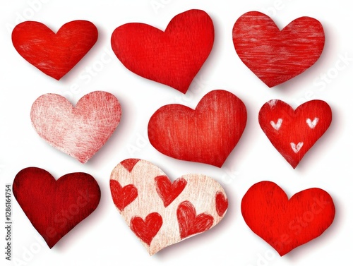Assorted red textured hearts in artistic designs with smooth and rough surfaces arranged aesthetically symbolizing love passion and warmth high resolution digital illustration for romantic decor