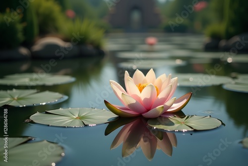 A floating lotus flower resting on the still waters of a sacred temple pond.  photo