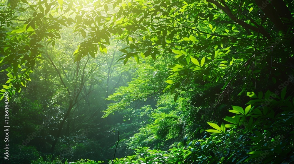 Fototapeta premium Serene Nature Background with Lush Green Forest and Soft Sunlight, Peaceful Atmosphere, Ideal for WeChat Articles, High Resolution, 4K Quality