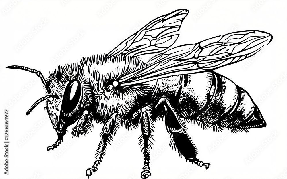 Obraz premium Modern Monochrome Bee Design, Elegant Sketch for Creative Projects