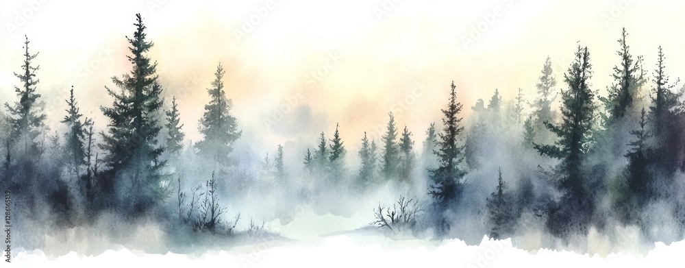 Obraz premium Misty Forest at Dawn Watercolor Landscape Painting, Pine Trees, Fog, Sunrise, Nature Scenery, Woodland Watercolor painting, Landscape
