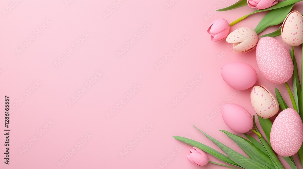Fototapeta premium Pastel pink Easter eggs and tulips on soft pink background for spring decor