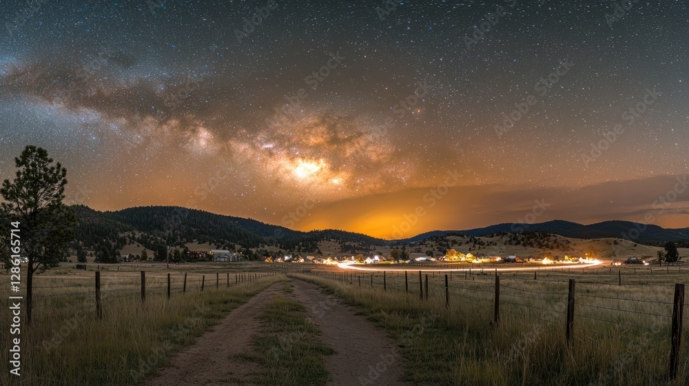 Obraz premium Milky Way Galaxy Over Rural Road and Distant Town at Night