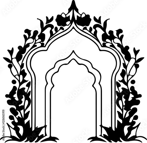 Mughal Decorative Arch Floral Vector, Ornamental Floral Arch Design, Traditional Mughal Arch Art, Vintage Mughal Floral Frame, Royal Mughal Architecture Vector, Islamic Ornamental Arch Pattern, Mughal
