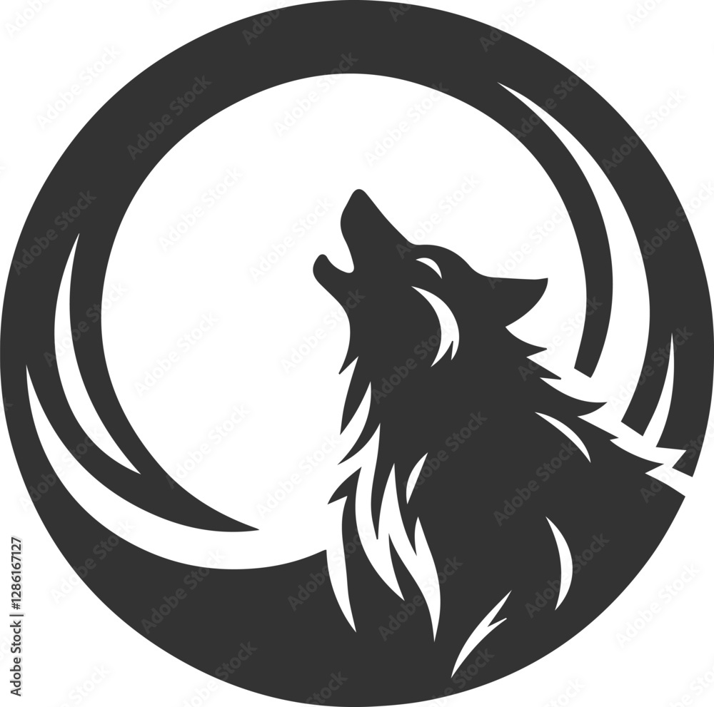 Obraz premium A wolf howling with a crescent moon behind it animal silhouette vector