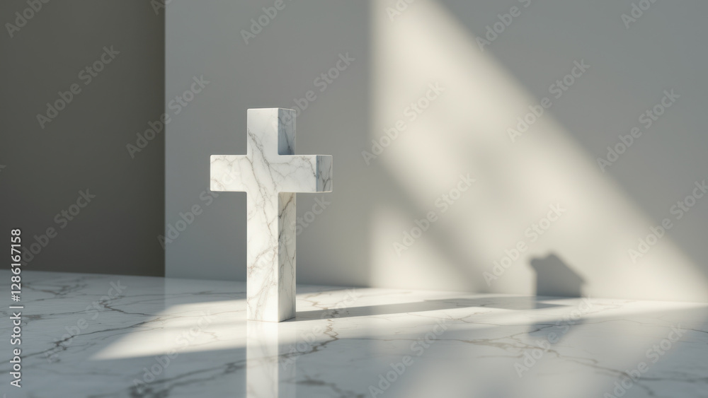 A modern, minimalist church setting with a light-colored marble floor and a solitary cross as the focal point. A modern, minimalist church setting with a light-colored marble floor and a solitary cross as the focal point.
