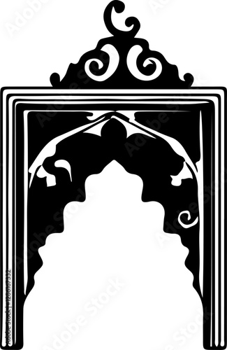 Stylized black and white vector graphic of an ornate archway