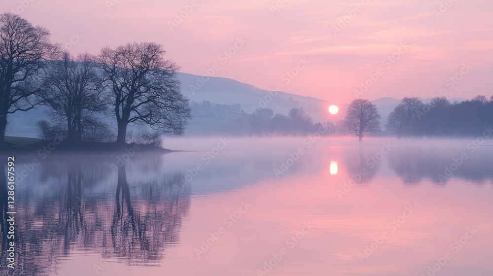 Tranquil Lake at Sunrise with Fog and Reflections of Trees Tranquil Lake at Sunrise with Fog and Reflections of Trees