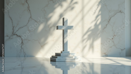A modern Christian altar with a cross illuminated by sunlight filtering through blinds.