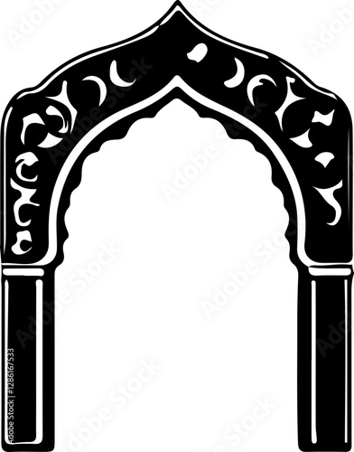 Stylized black and white vector graphic of an ornate archway