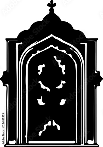 Stylized black and white vector graphic of an ornate archway
