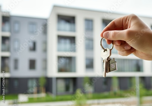 Hand holding keys in front of modern apartment building, symbolizing new home ownership photo